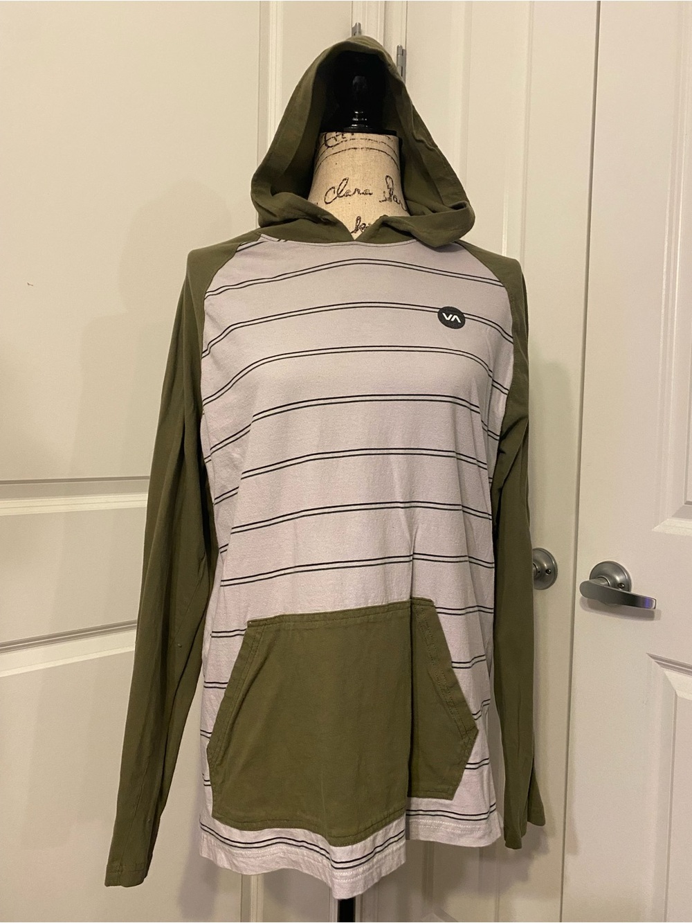 RVCA Olive & White Striped Hooded Pullover